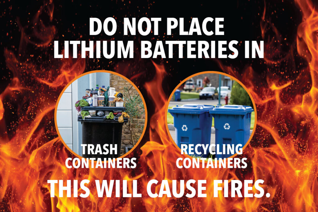 Trash and recycling containers are displayed on a backdrop of large flames.